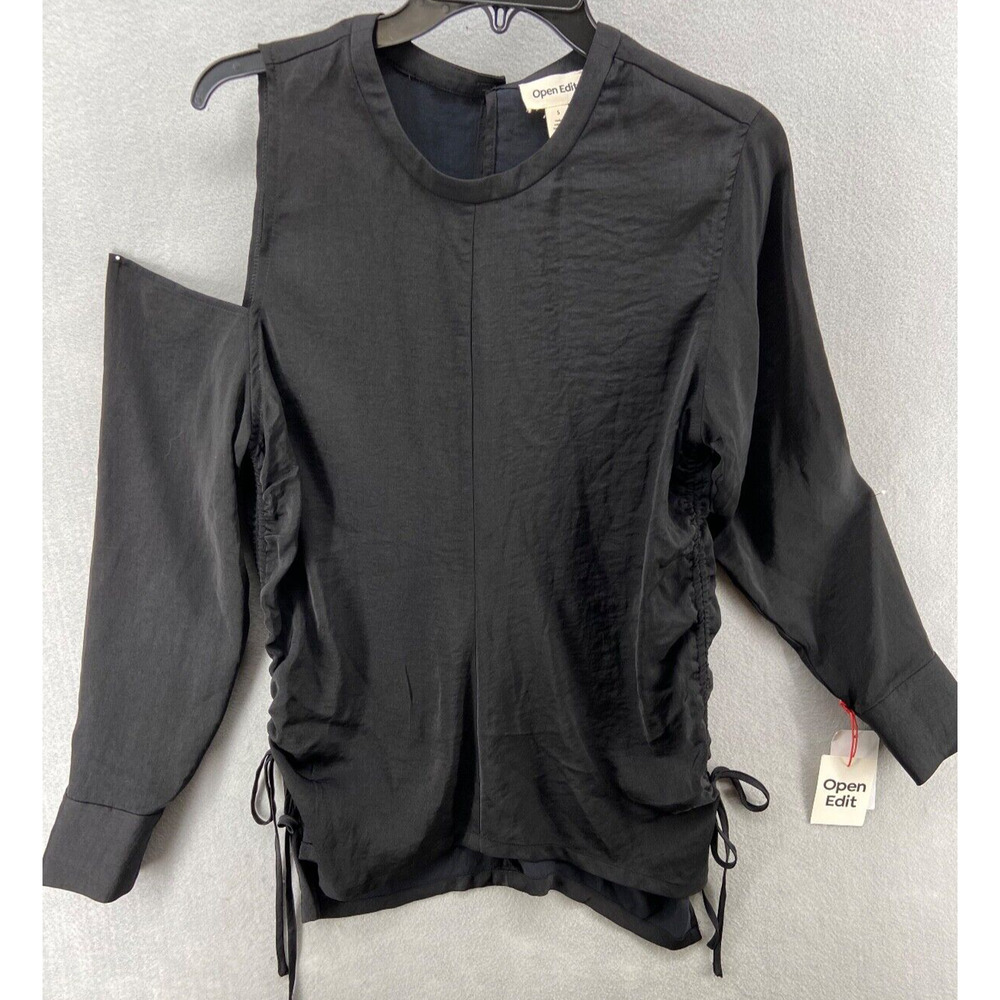 NWT Open‎ Edit Shirt Women's Sz Small Black One Shoulder Ruched Side with Ties